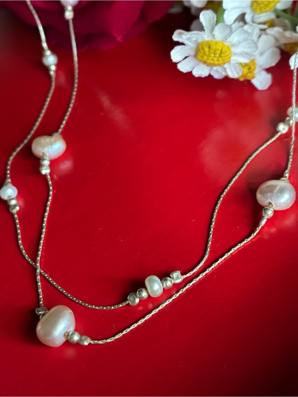 925 Silver Necklace, Real White Freshwater Pearl Layered Necklace 15”